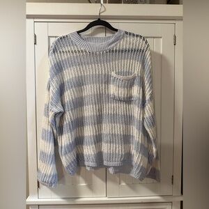 Light Blue and White Striped Open Knit Sweater